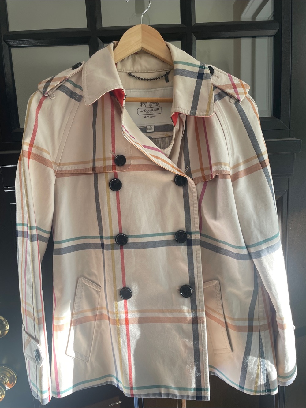 Coach Cream Plaid Double-Breasted Trench Coat